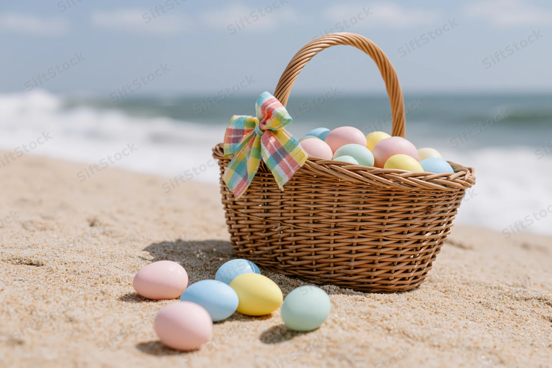 Wicker easter basket with plaid bow filled with pastel eggs on sandy beach near ocean waves