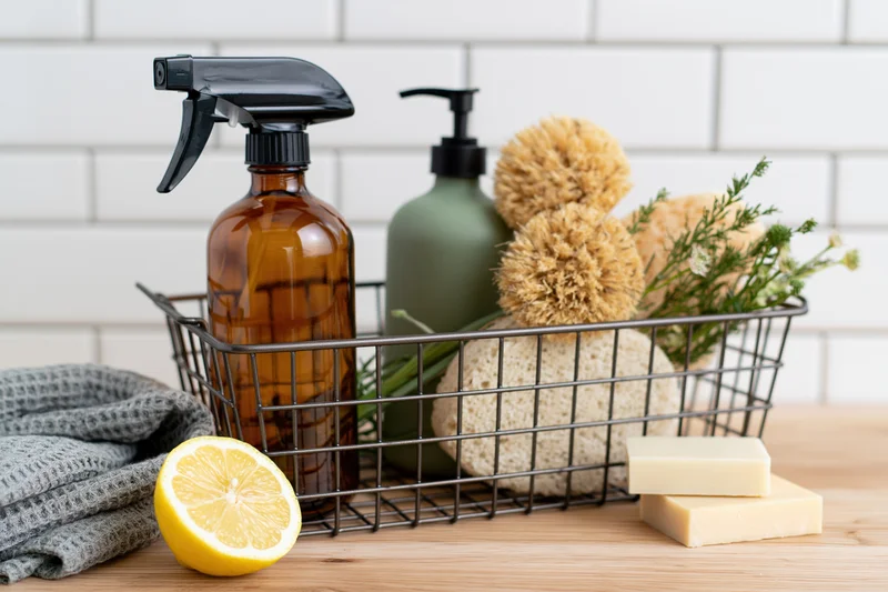 Wire basket holding amber spray bottle and green pump dispenser with sponges and lemon on wooden countertop