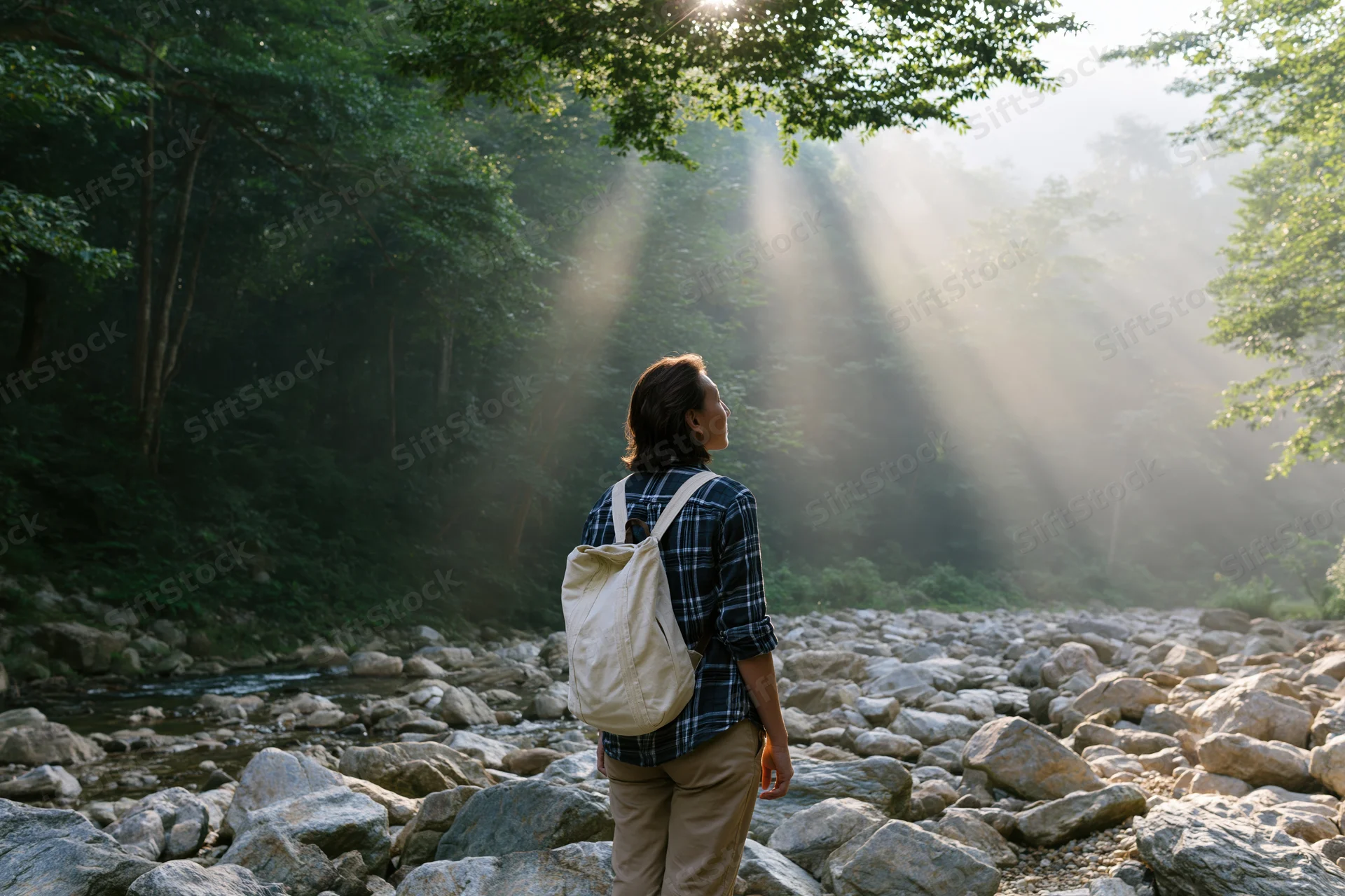 Woman with small backpack standing on rocky riverbank in forest at daytime, sunlight filtering through trees