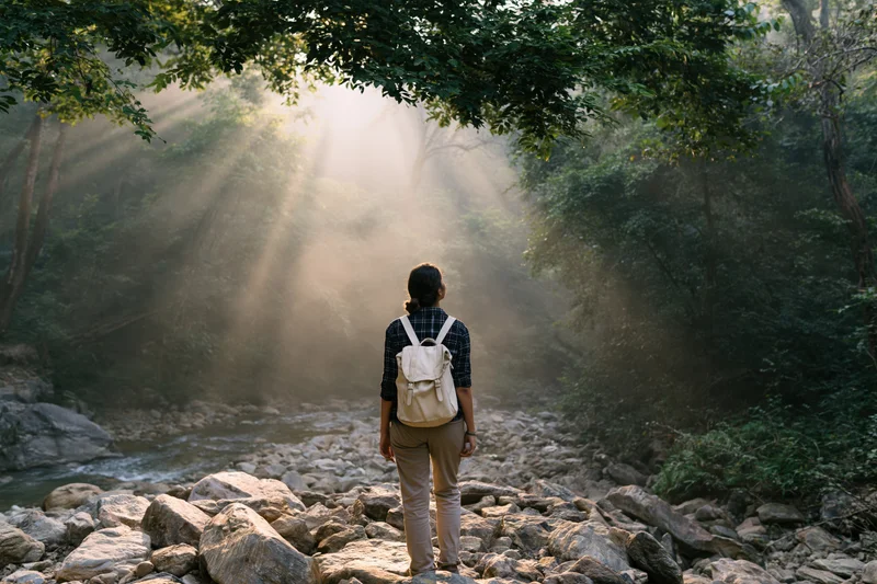 Woman with backpack standing on rocky riverbank in forest at sunrise