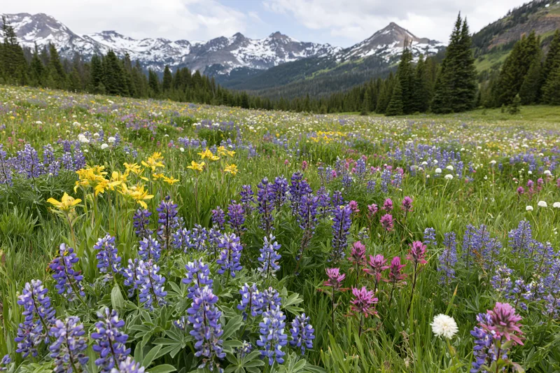 Alpine meadow filled with blooming wild lupine, yellow arnica, and pink pain flowers surrounded by snow-capped mountains and evergreen forest