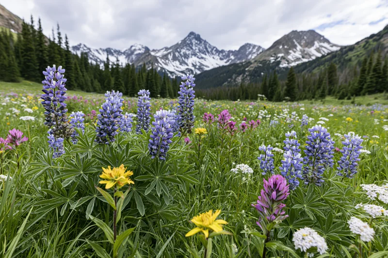 Alpine meadow filled with blooming wildflowers including lupine, arnica, and pink pain near snow-capped mountains