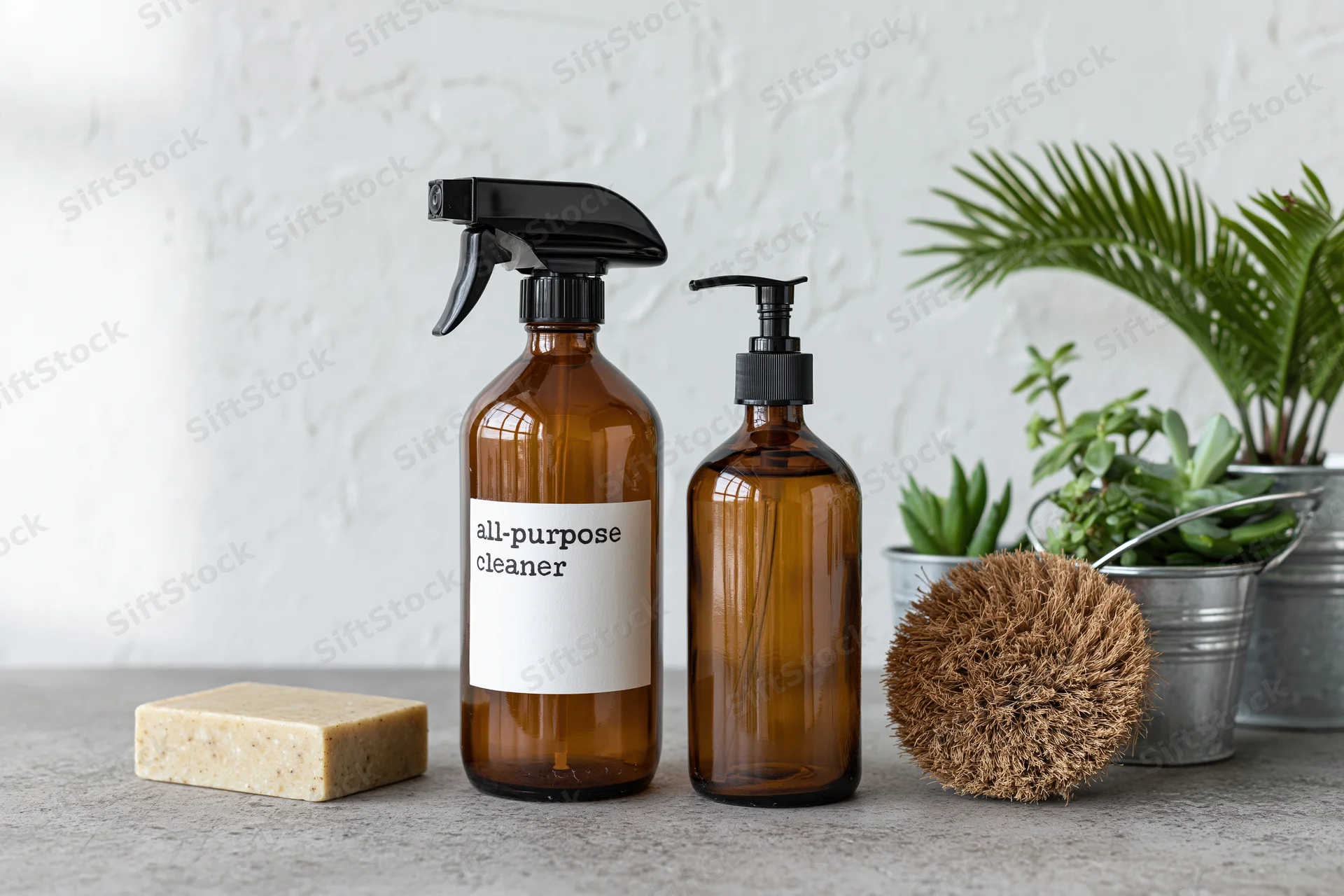 Amber glass spray and pump bottles labeled all-purpose cleaner on countertop with plants and cleaning tools