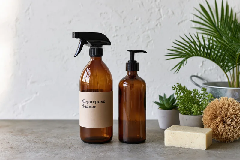 Amber glass spray and pump bottles labeled all-purpose cleaner on a countertop with plants and cleaning tools