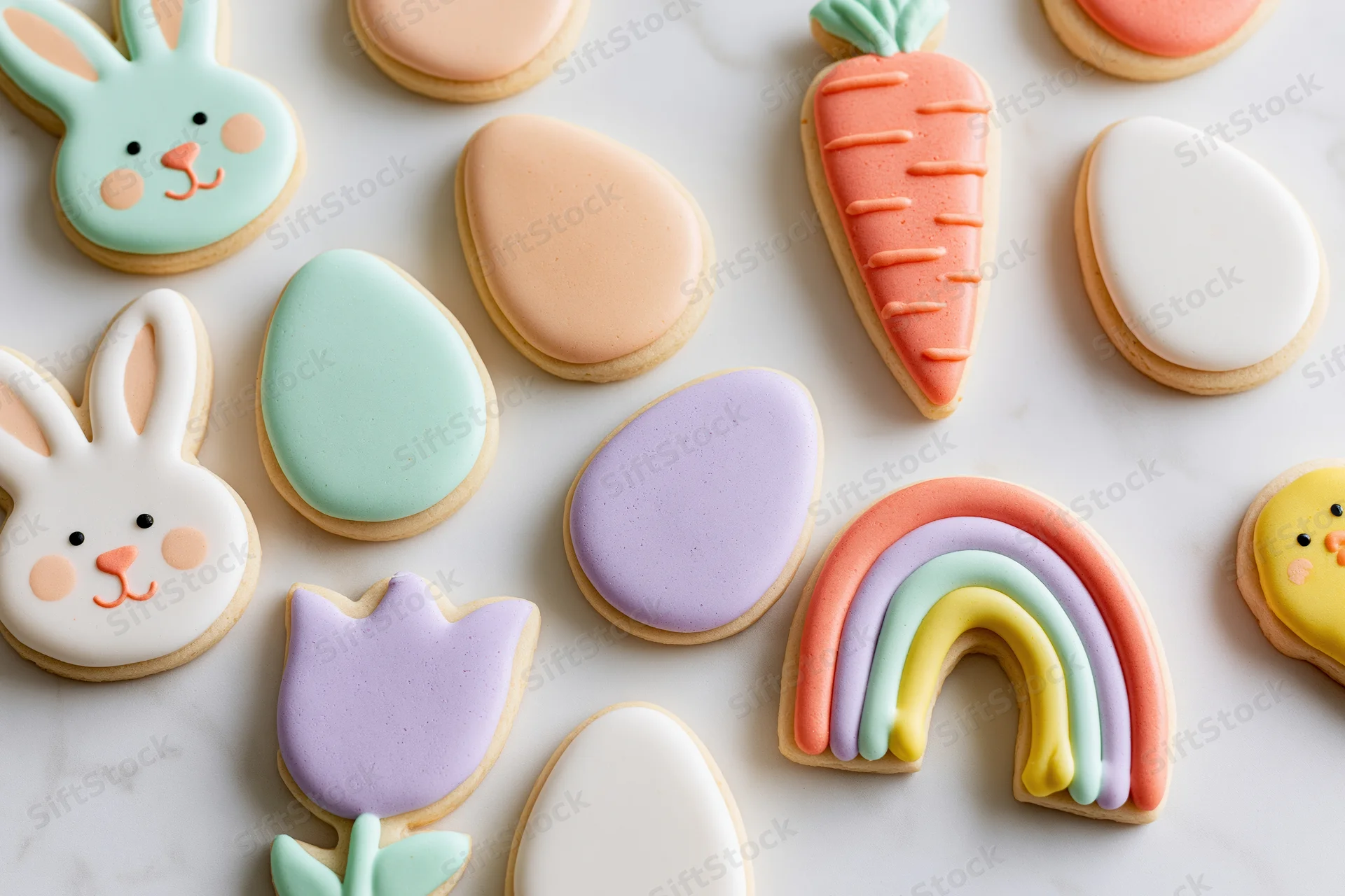 Assorted easter-themed decorated sugar cookies arranged flat on a white marble surface