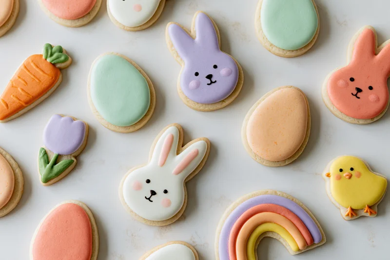 Assorted easter-themed decorated sugar cookies arranged flat on white surface