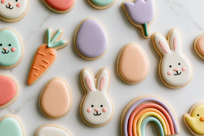 Assorted easter-themed decorated sugar cookies arranged flat on a white surface