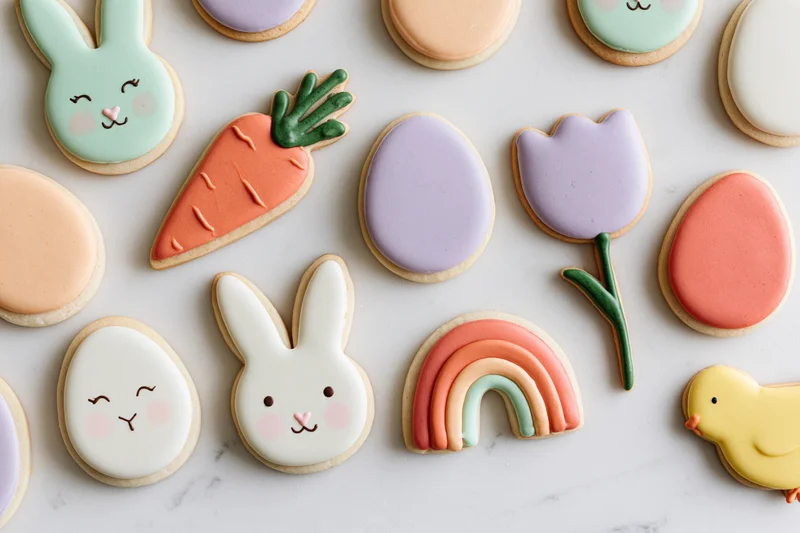 Assorted easter-themed decorated sugar cookies arranged flat on a white surface