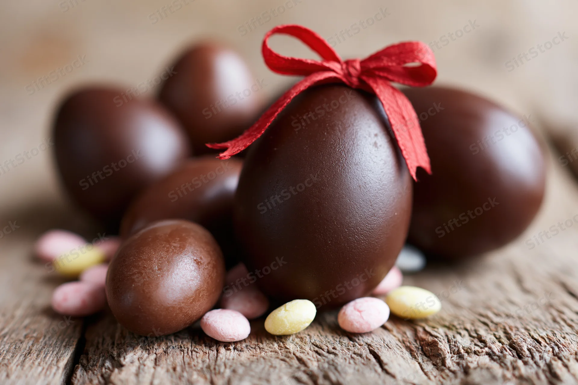 Assorted chocolate easter eggs of varying sizes arranged on a rustic wooden surface with a red ribbon and candy-coated chocolates scattered around