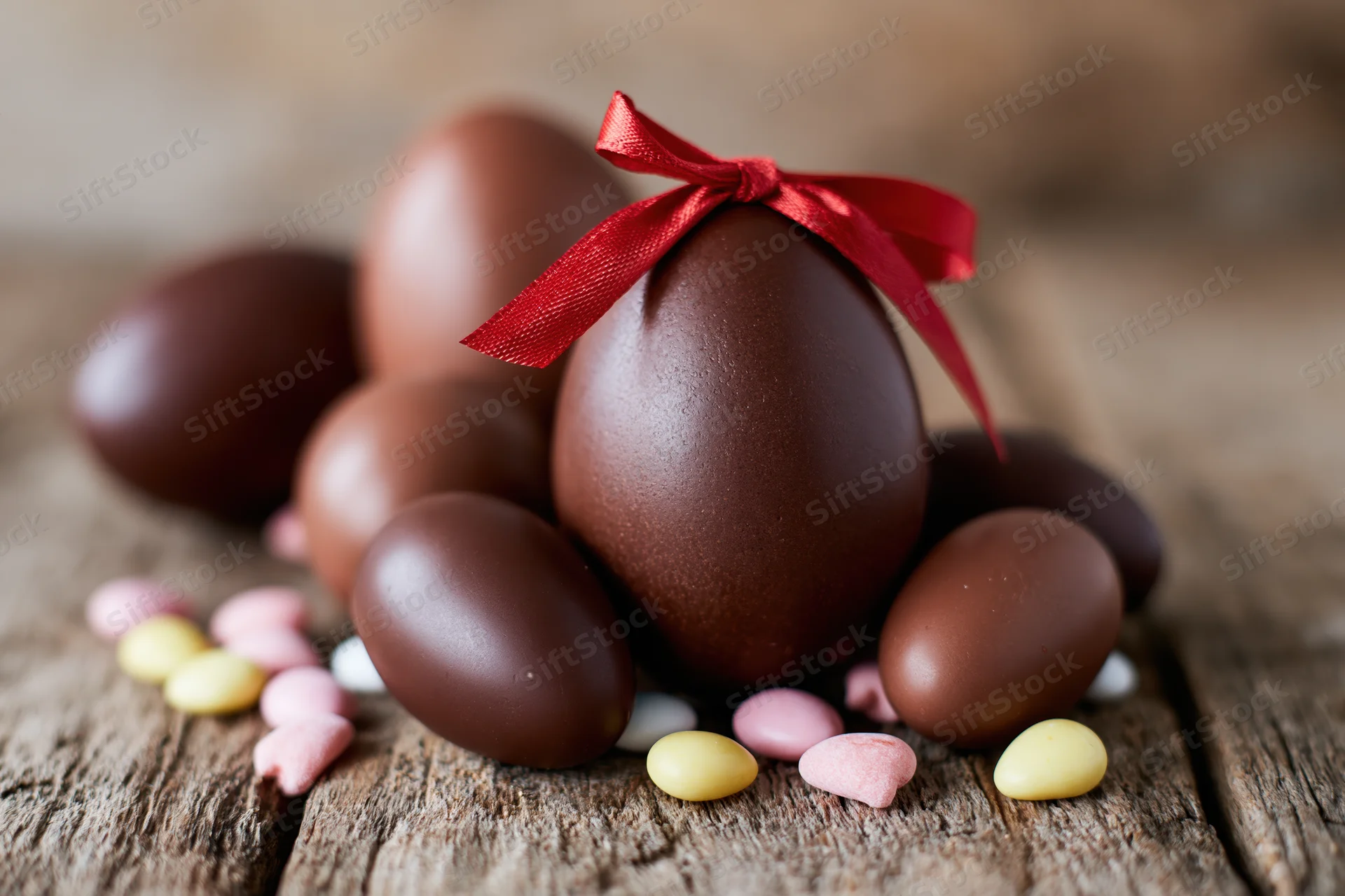 Assorted chocolate easter eggs of varying sizes arranged on a rustic wooden surface with a red ribbon and colorful candy hearts scattered around