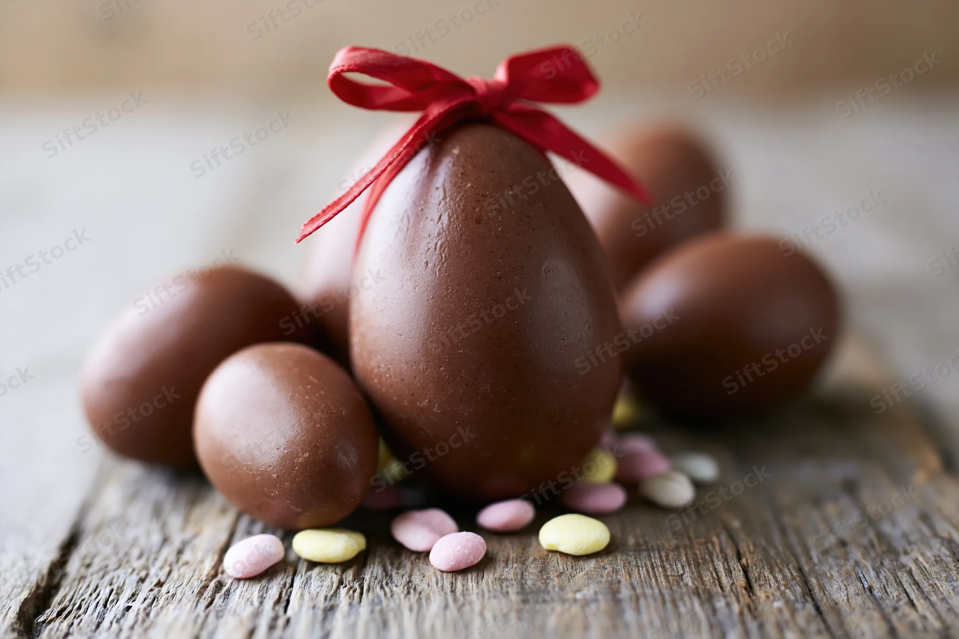 Chocolate easter eggs of varying sizes arranged on a rustic wooden surface with colorful sprinkles and a red ribbon bow