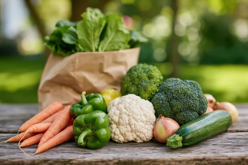 Assorted fresh vegetables arranged on a weathered wooden table outdoors in sunlight