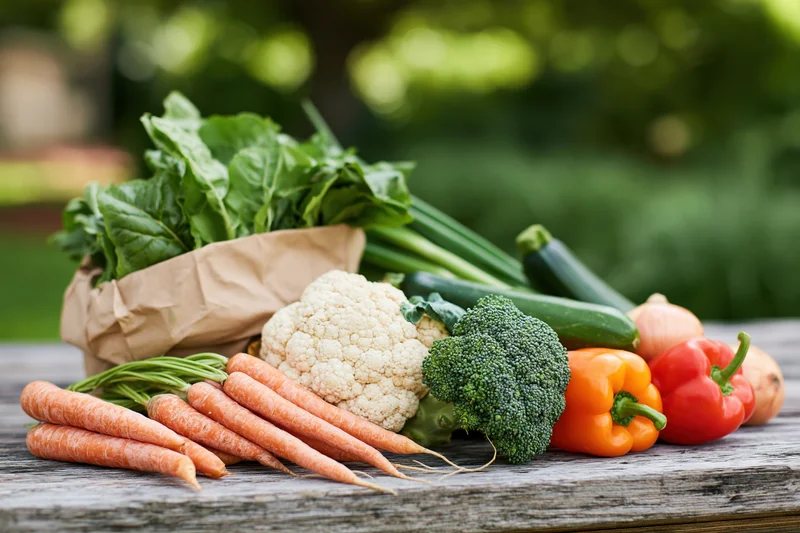 Assorted fresh vegetables arranged on a weathered wooden table outdoors