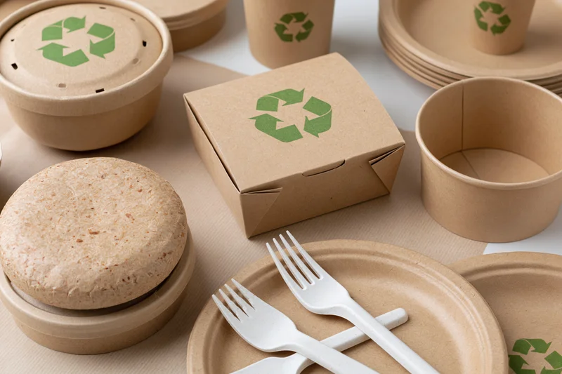Assorted kraft paper food packaging arranged on a beige paper surface with recyclable symbols and white utensils