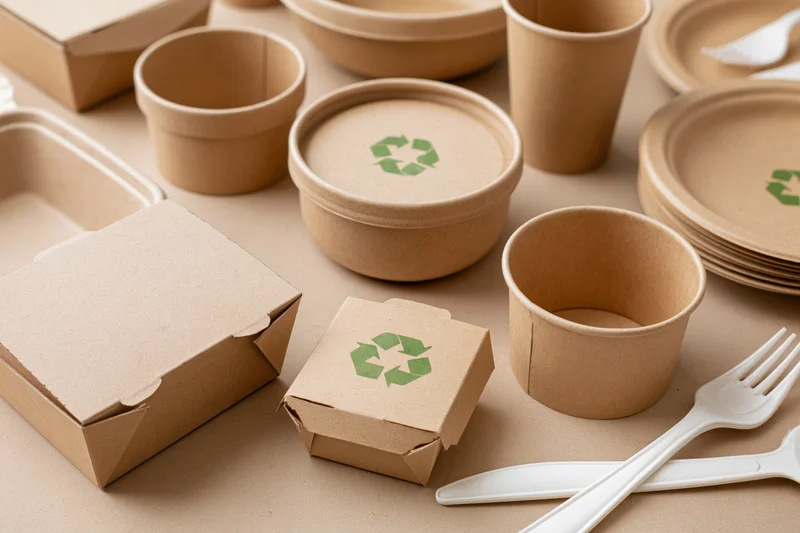 Assorted kraft paper food packaging arranged on beige paper surface