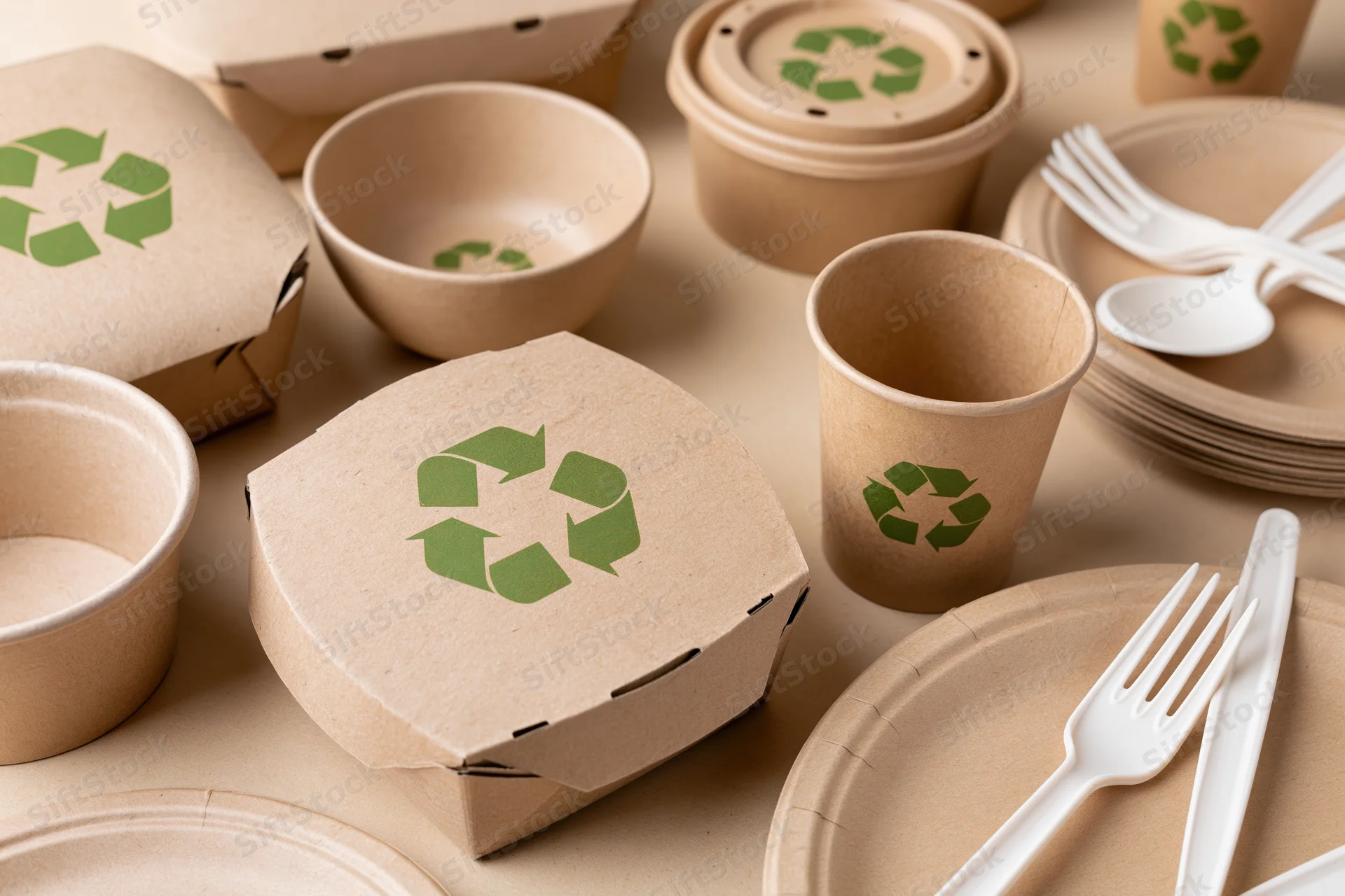Assorted kraft paper food packaging arranged on a beige paper surface