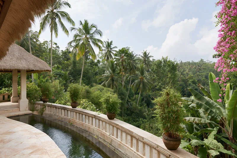 Balinese villa terrace with curved infinity-edge pond overlooking tropical garden