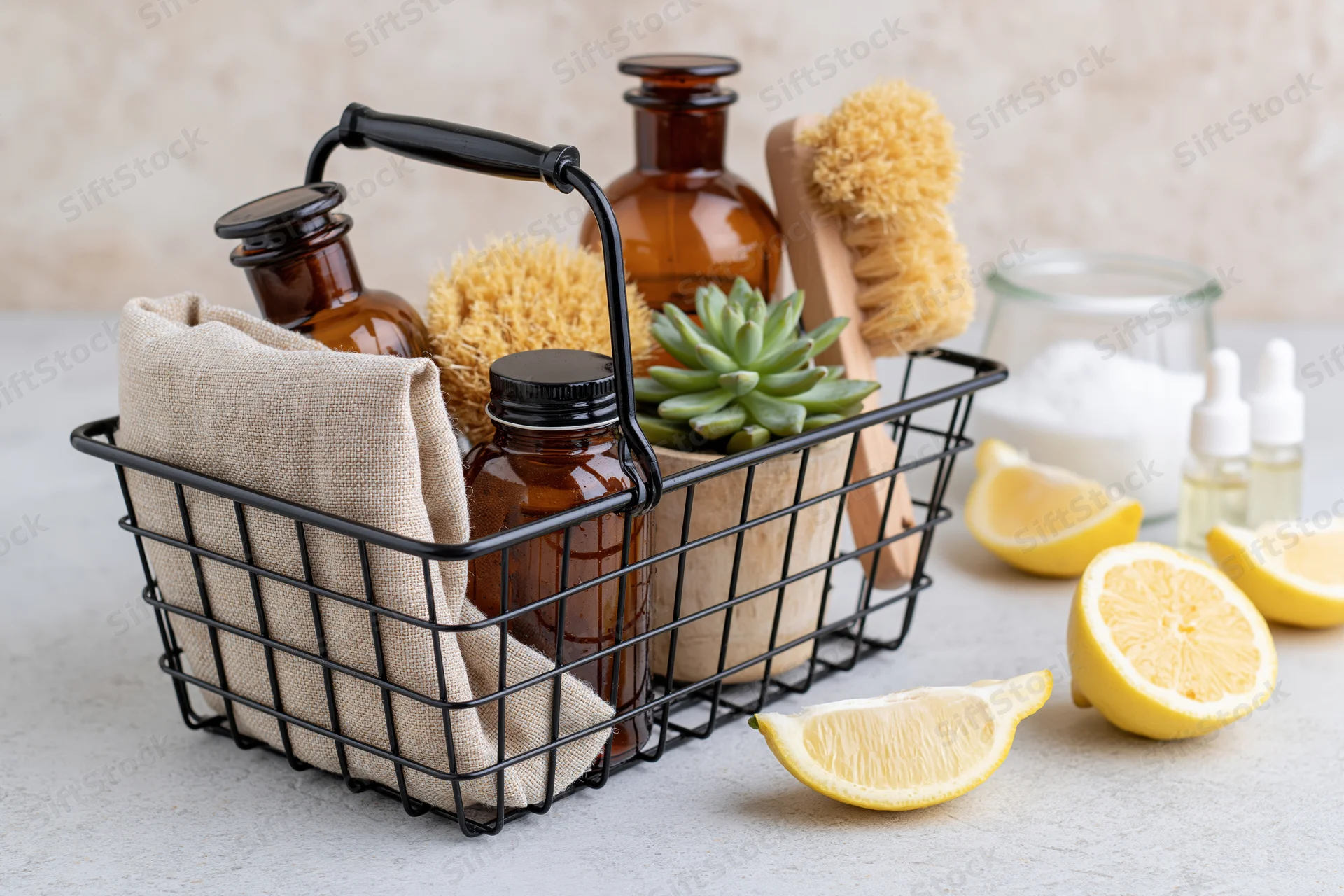 Black wire basket holding natural cleaning supplies including amber bottles, brushes, cloth, and lemon slices on a countertop