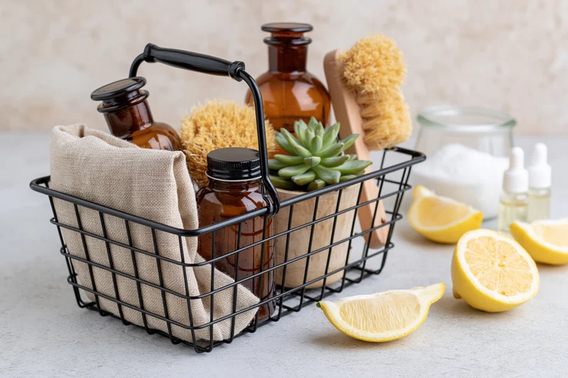 Black wire basket holding natural cleaning supplies including amber bottles, brushes, cloth, and lemon slices on a countertop