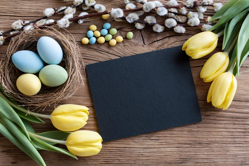 Blank black chalkboard card centered on rustic wooden table surrounded by easter eggs in a nest, yellow tulips, and willow branches