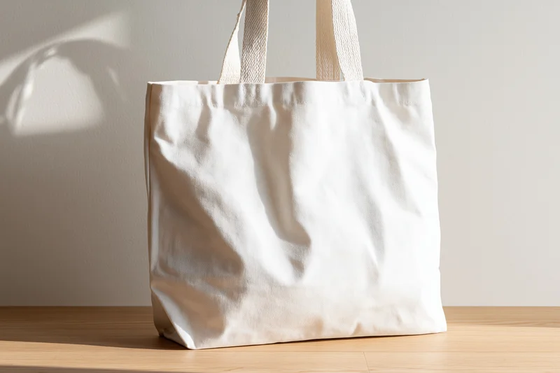 Blank white canvas tote bag standing upright on light wood surface with soft shadows