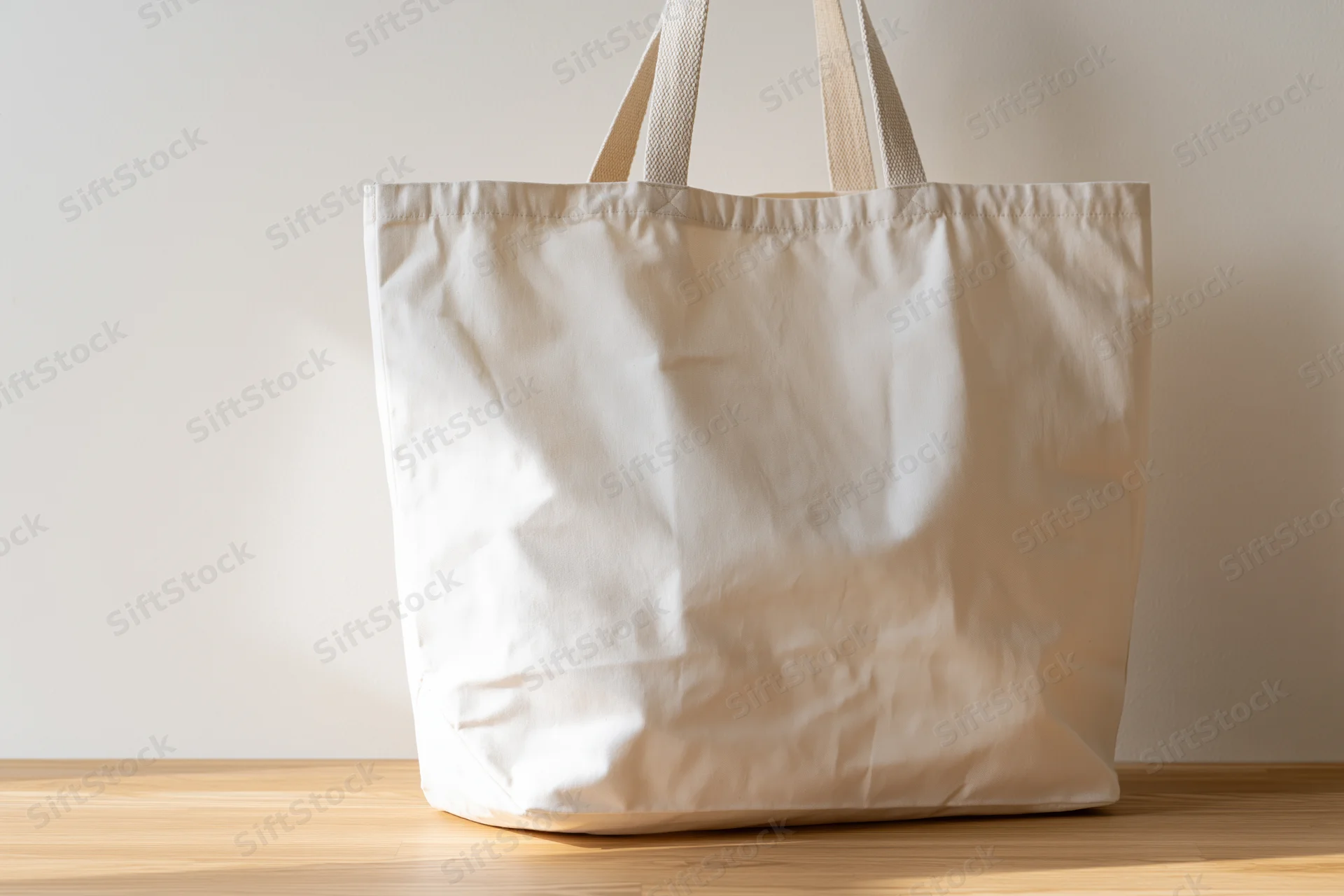 Blank white canvas tote bag standing upright on light wood surface