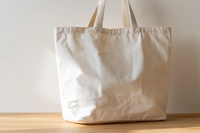 Blank white canvas tote bag standing upright on light wood surface