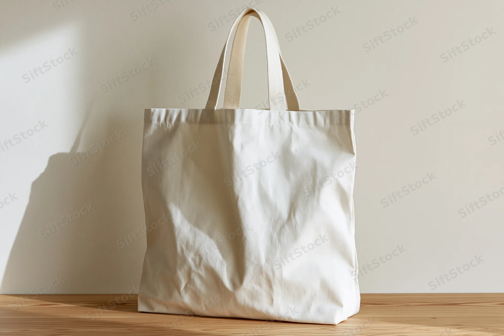 Blank white canvas tote bag standing upright on light wood surface