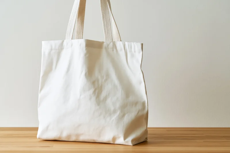 Blank white canvas tote bag standing upright on light wood surface