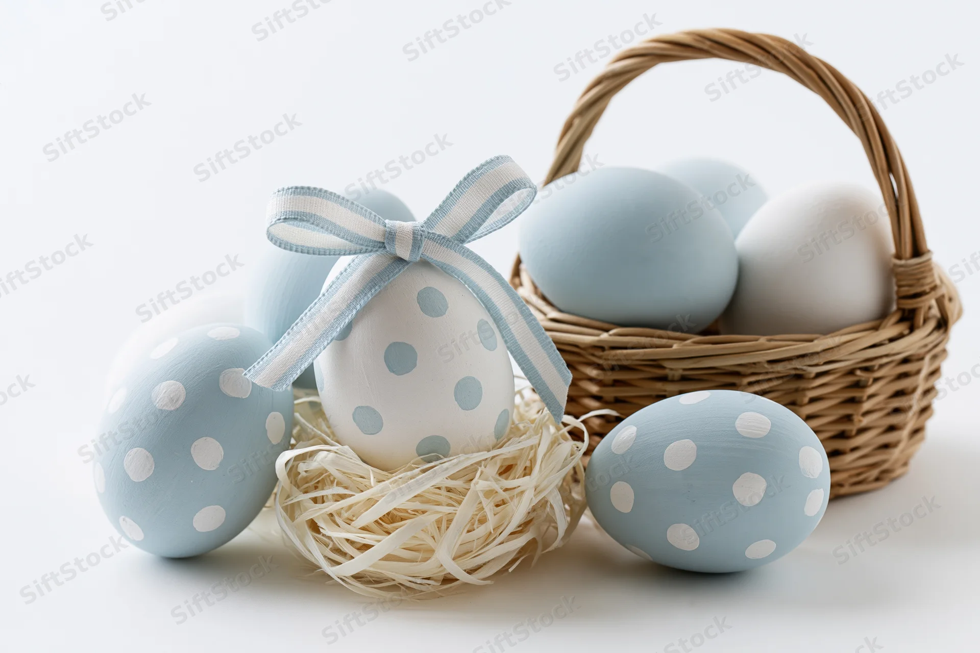 Blue and white painted easter eggs with polka dots arranged beside a wicker basket and straw nest on white background