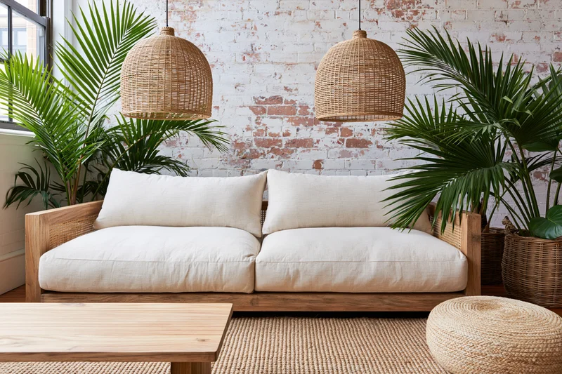 Wooden-framed linen sofa with white cushions and wicker pendant lights in a boho living room with palm plants and exposed brick wall