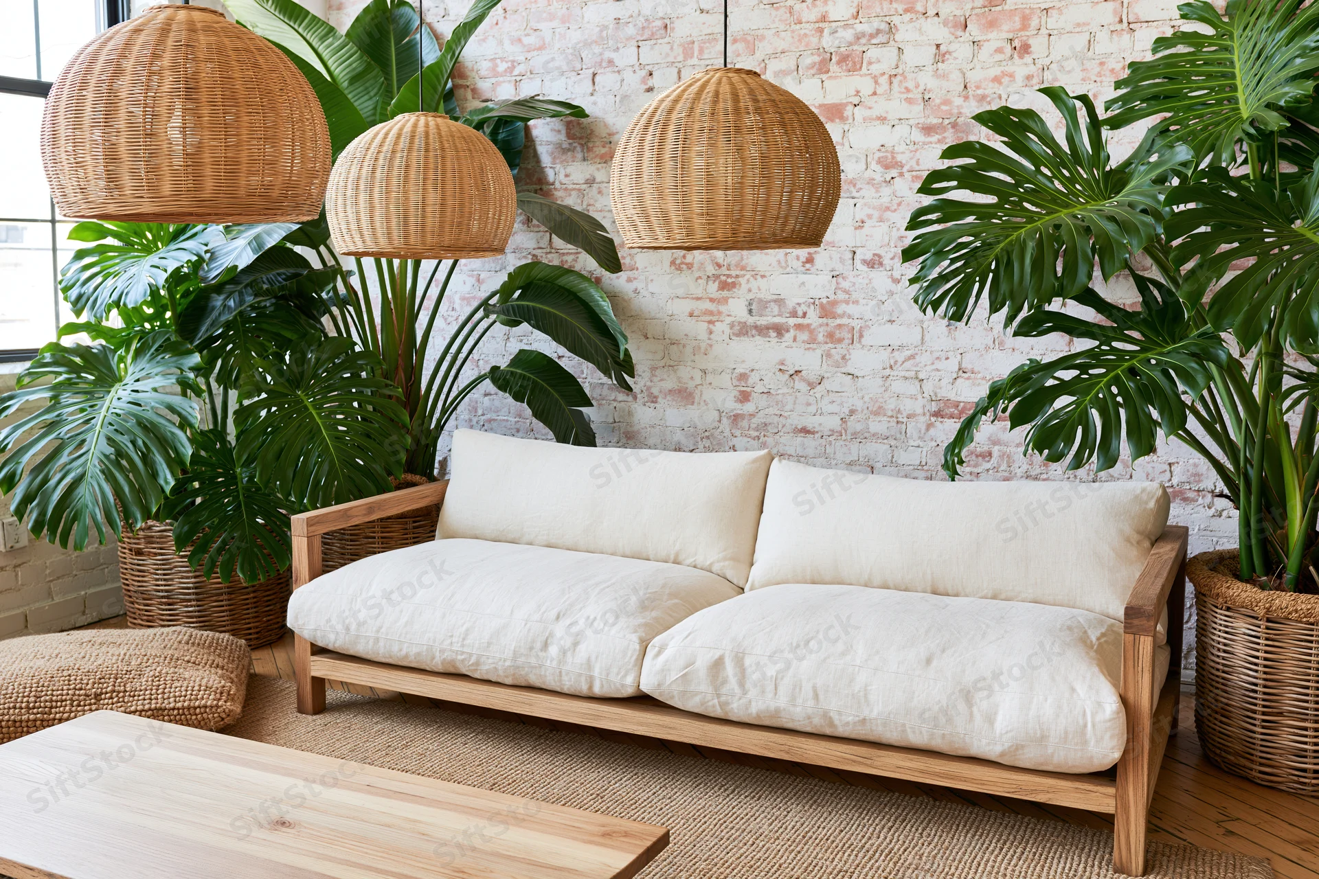 Wooden-framed linen sofa with white cushions in a bohemian living room surrounded by monstera plants and wicker pendant lights