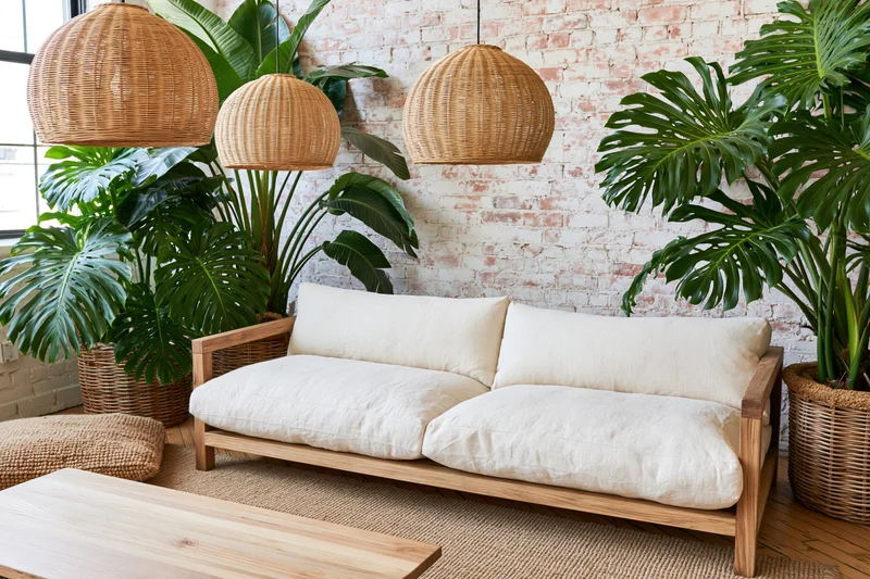 Wooden-framed linen sofa with white cushions in a bohemian living room surrounded by monstera plants and wicker pendant lights