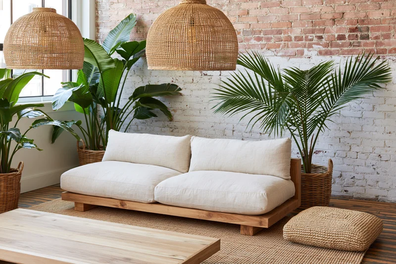 Wooden-framed linen sofa with cushions in a bohemian living room featuring wicker pendant lights, potted plants, and exposed brick wall