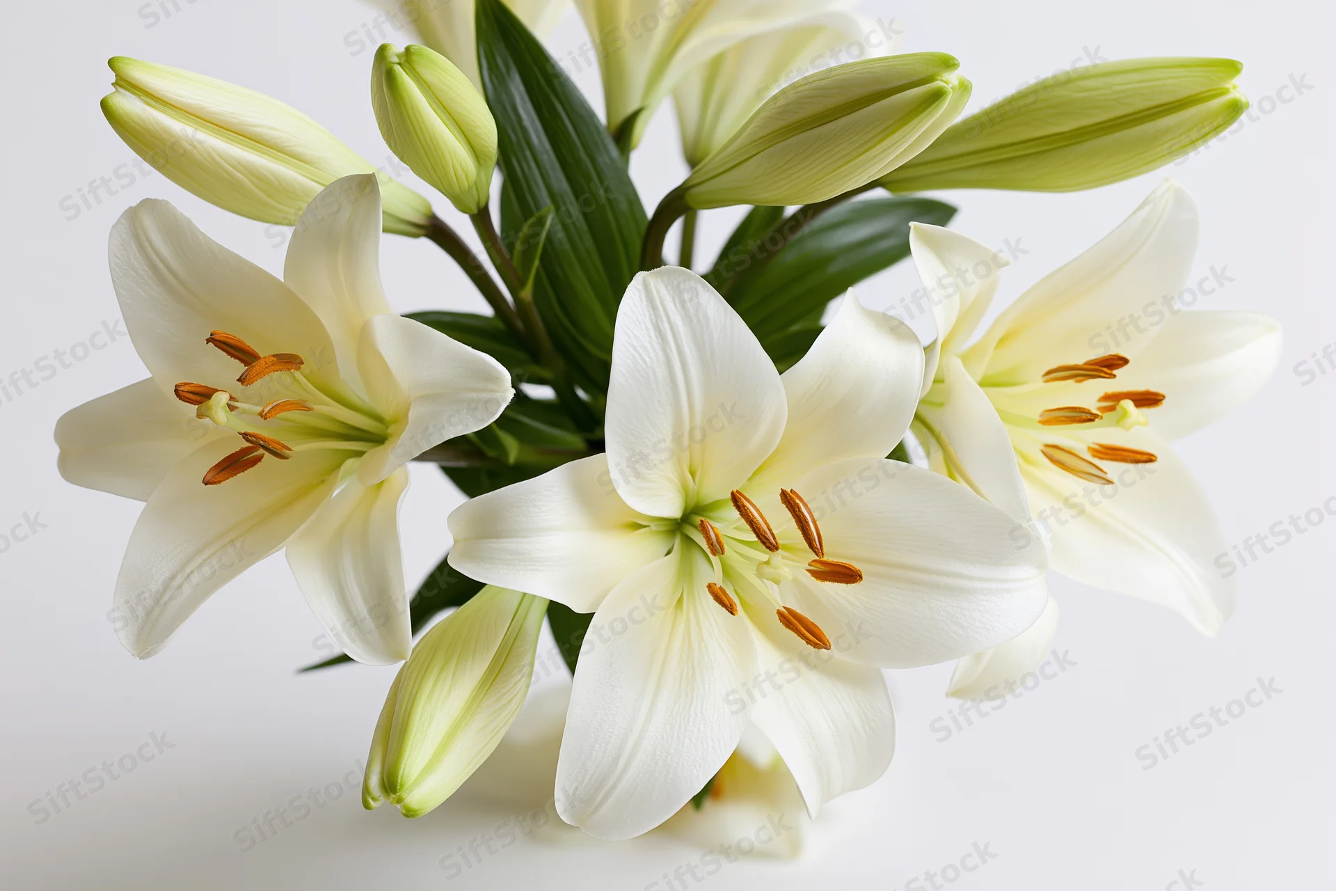 Bouquet of white easter lilies with open blooms and closed buds arranged against a plain white background