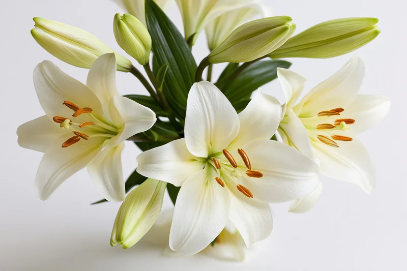 Bouquet of white easter lilies with open blooms and closed buds arranged against a plain white background