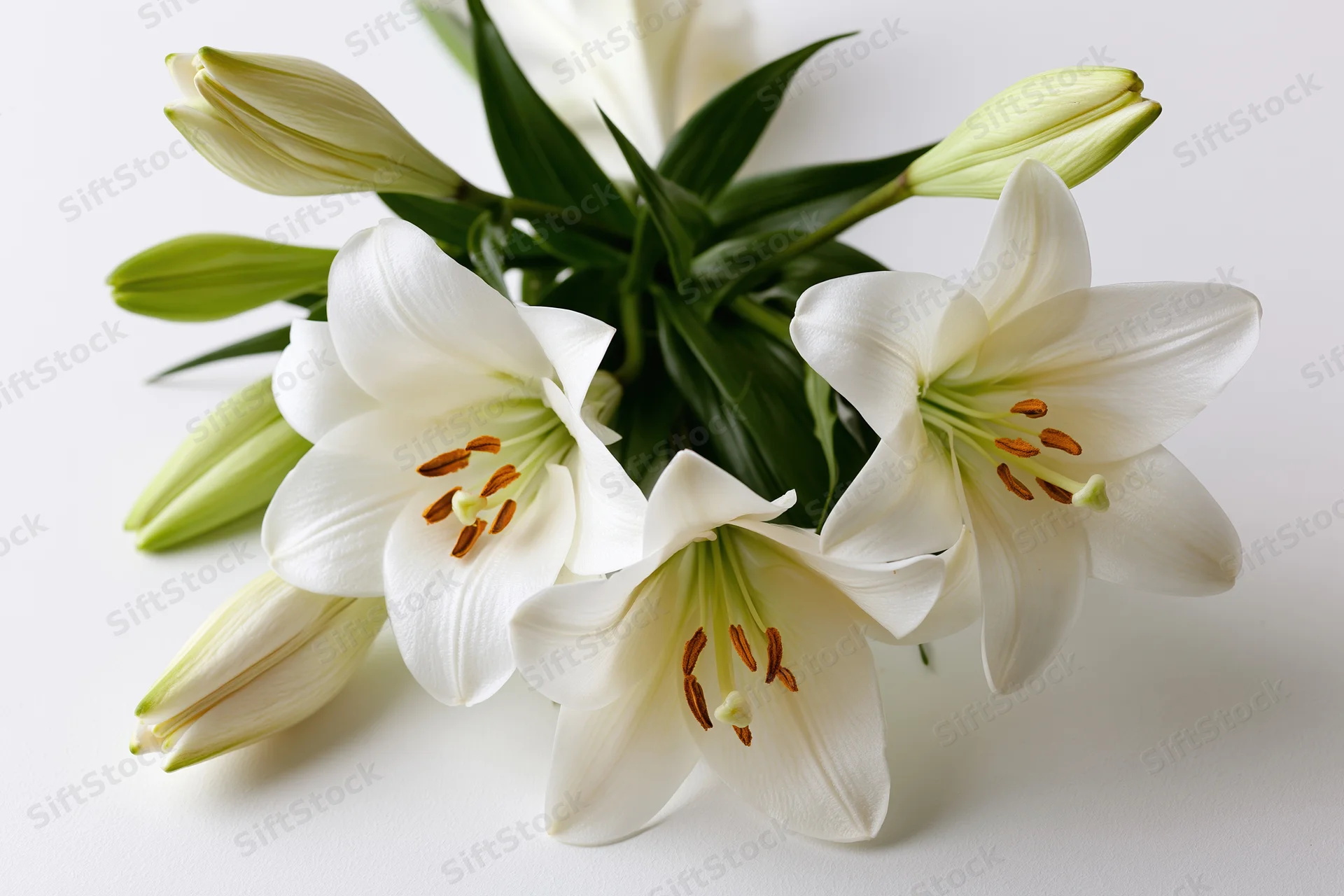 Bouquet of white lilies with open blooms and closed buds on white background