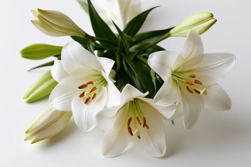 Bouquet of white lilies with open blooms and closed buds on white background