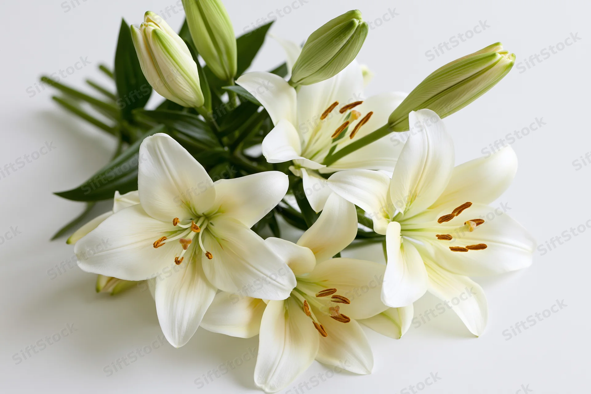 Bouquet of white lilies with open blooms and closed buds arranged on a plain white surface