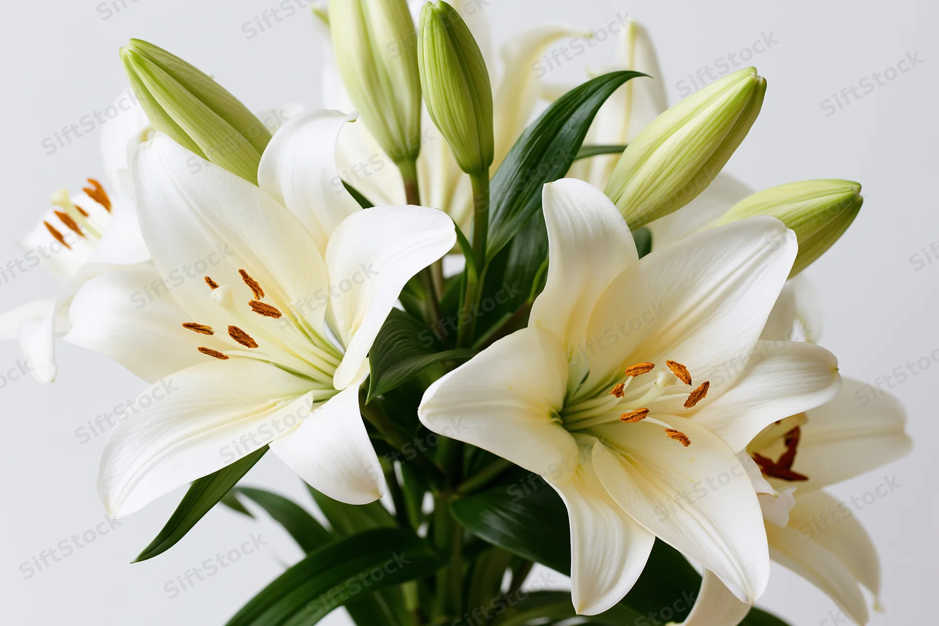 Bouquet of white lilies with open blooms and closed buds arranged against a plain background