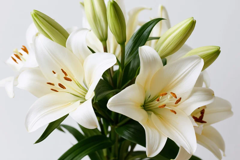 Bouquet of white lilies with open blooms and closed buds arranged against a plain background