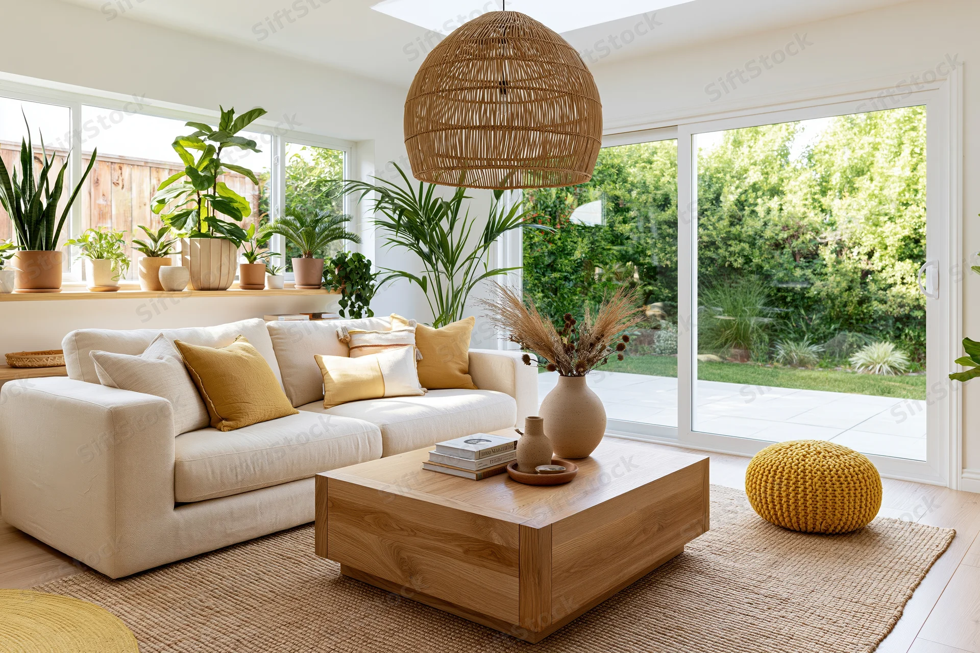 Linen sofa with wooden coffee table and potted plants in bright modern living room with garden view