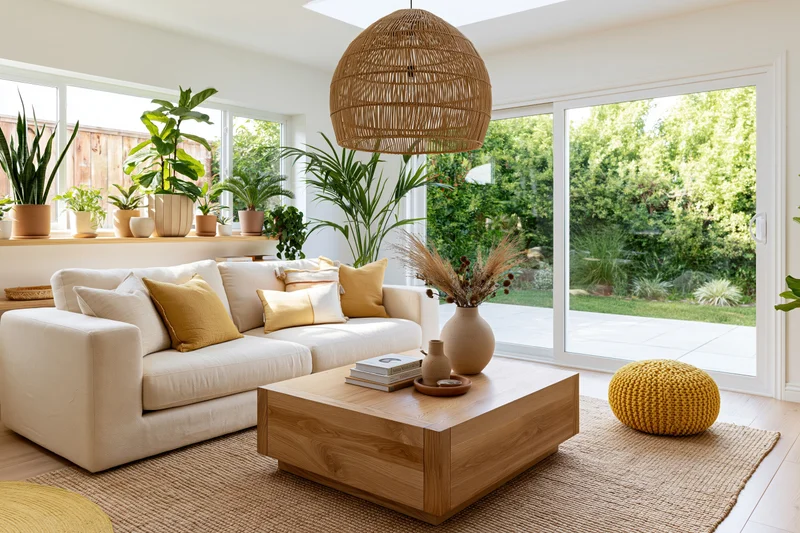 Linen sofa with wooden coffee table and potted plants in bright modern living room with garden view