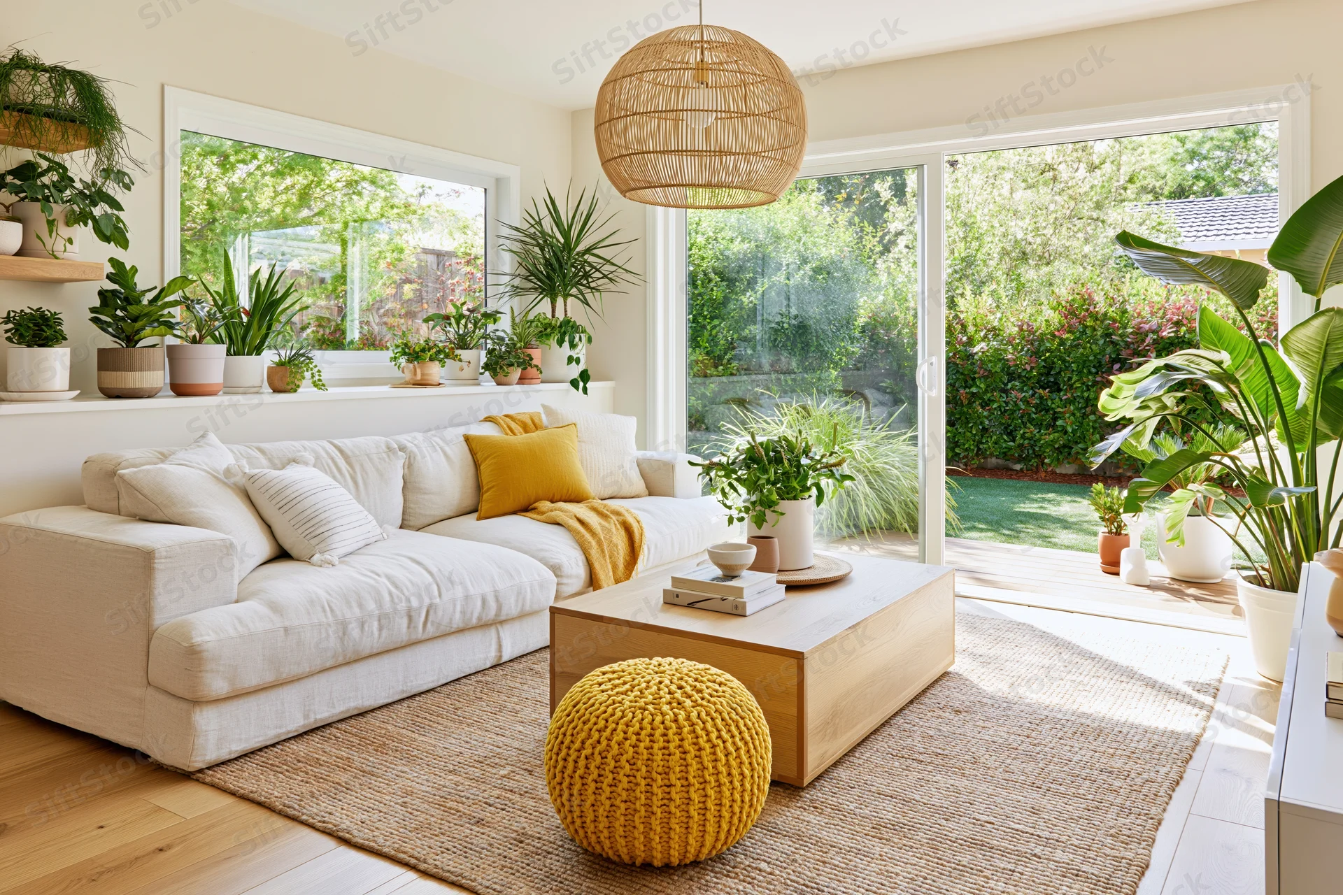 Linen sofa with wooden coffee table and potted plants in bright modern living room with garden view
