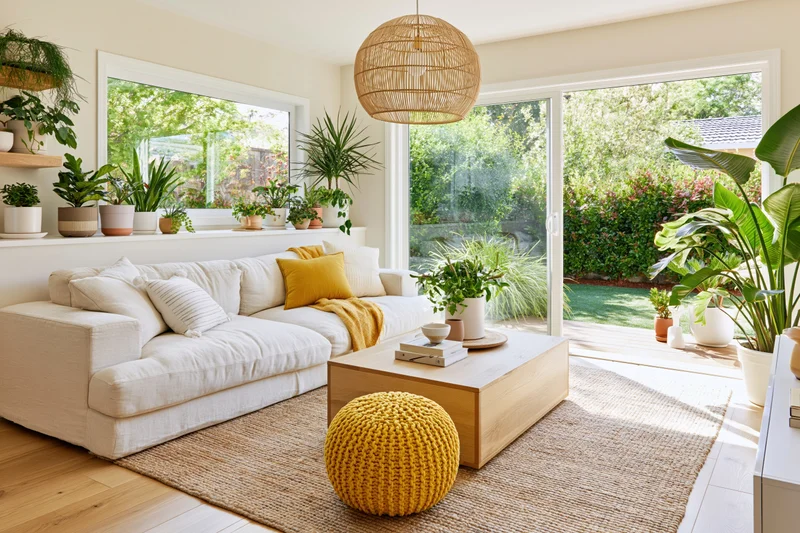 Linen sofa with wooden coffee table and potted plants in bright modern living room with garden view