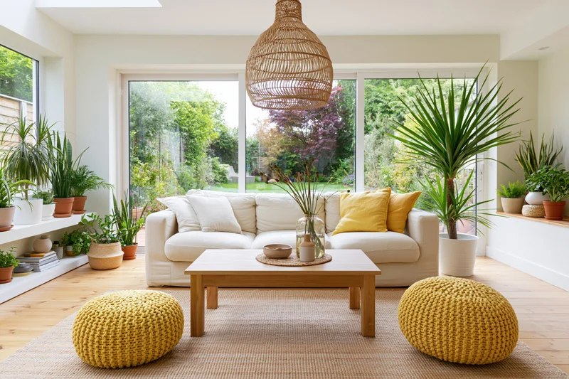 Bright modern living room with linen sofa, wooden coffee table, and potted plants near large windows overlooking garden