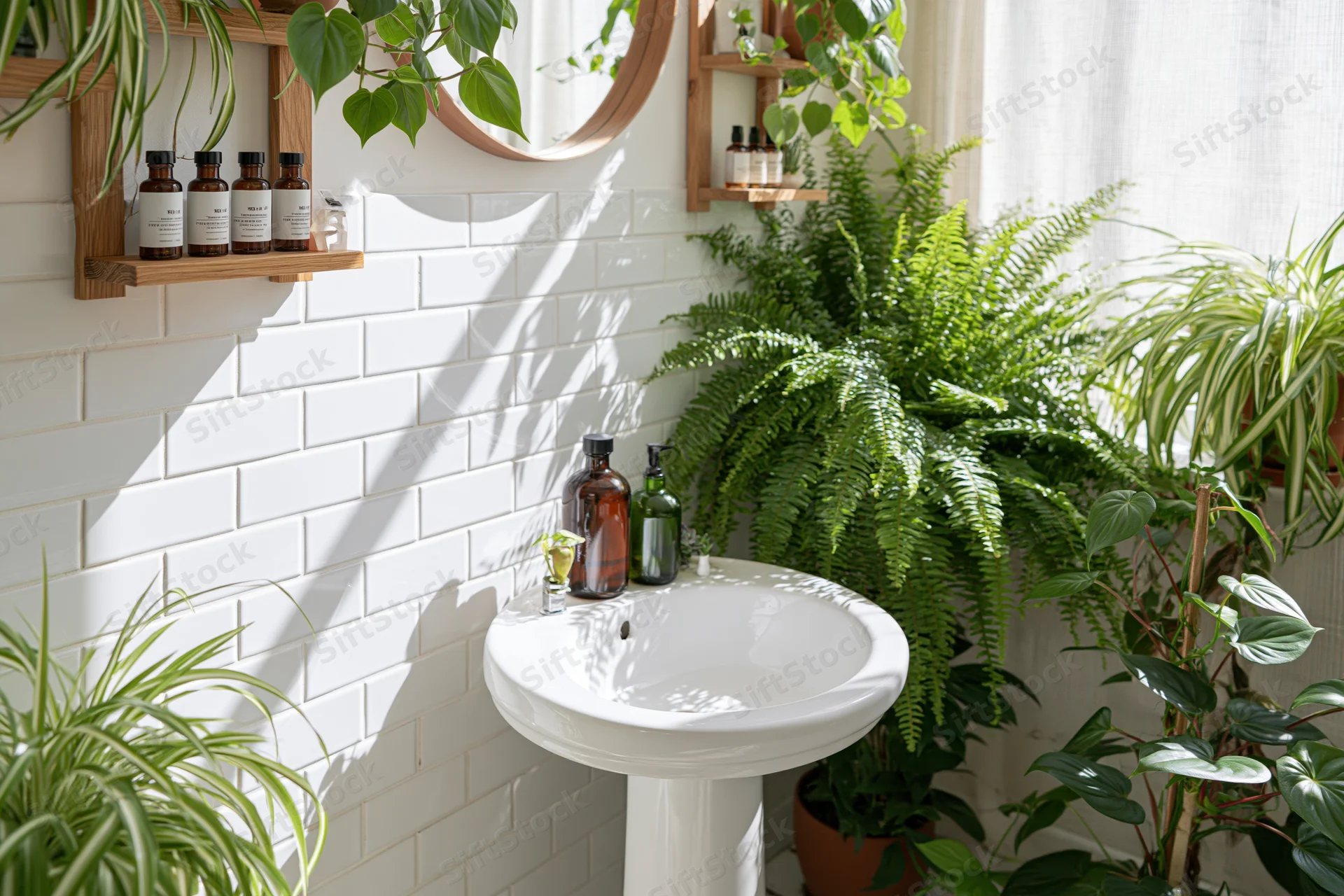 White-tiled bathroom with ceramic pedestal sink surrounded by green indoor plants and wooden shelves holding bottles and a round mirror