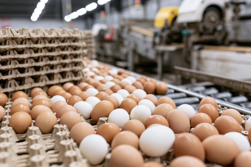 Brown and white chicken eggs arranged in cardboard trays on a conveyor belt in an industrial egg processing facility