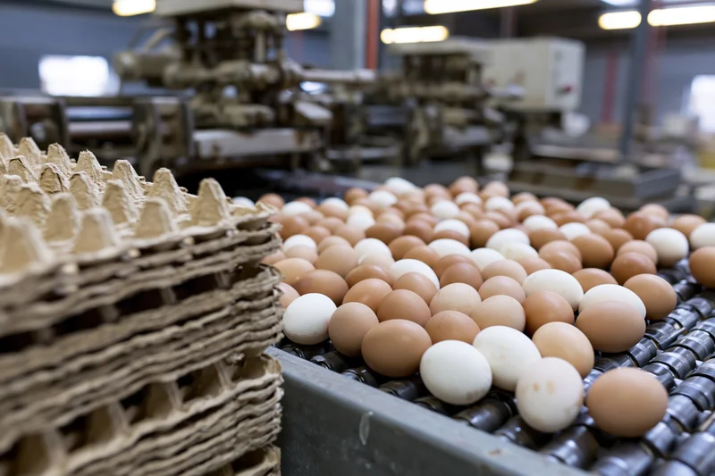 Brown and white chicken eggs moving on a conveyor belt in an industrial egg processing facility