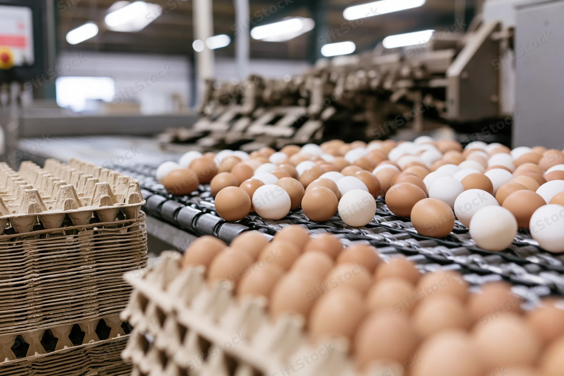 Brown and white chicken eggs moving on a conveyor belt in an industrial egg processing facility
